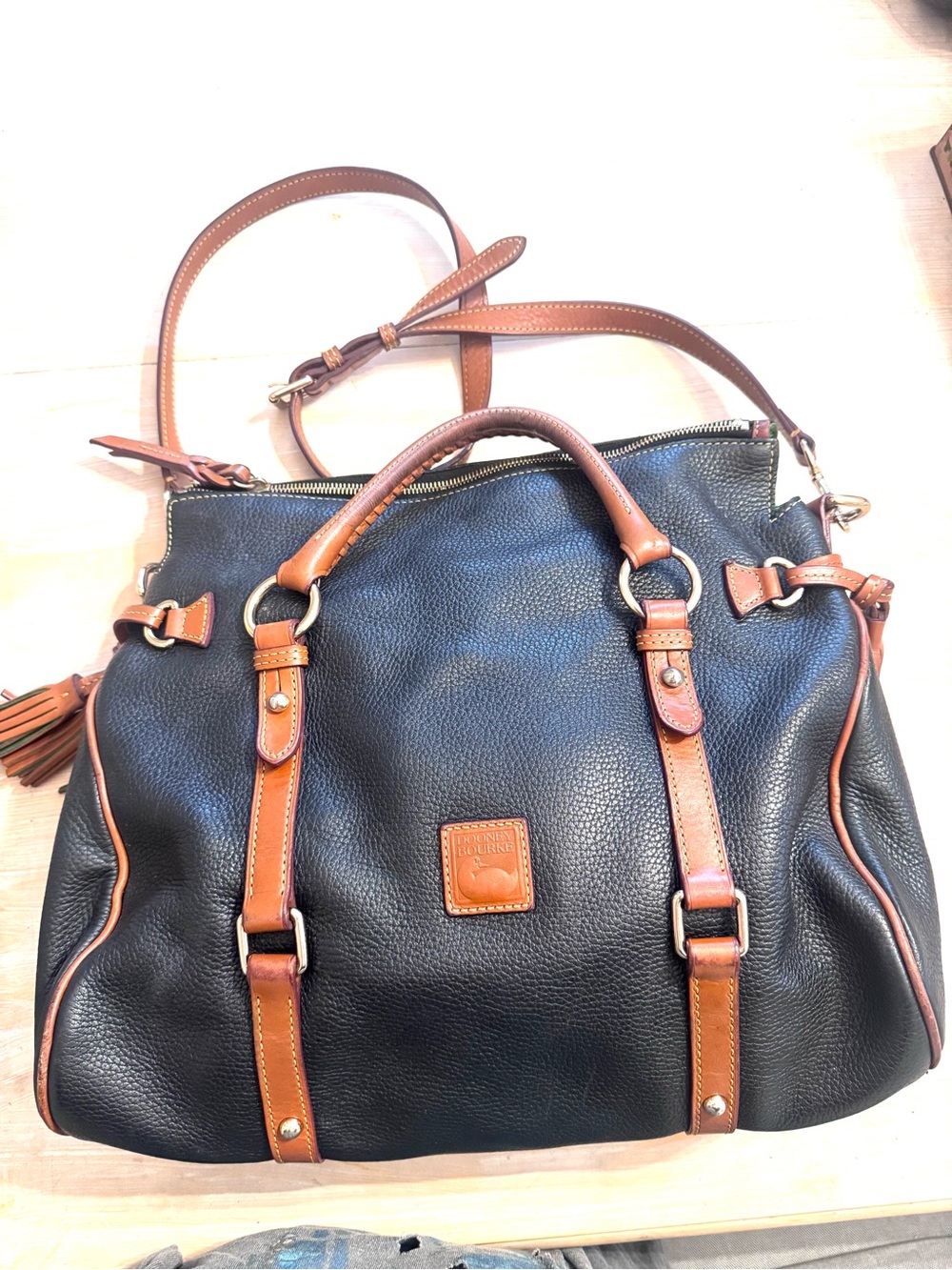 Dooney & Bourke Large Black Leather Satchel with Brown Trim - Picture 7 of 12